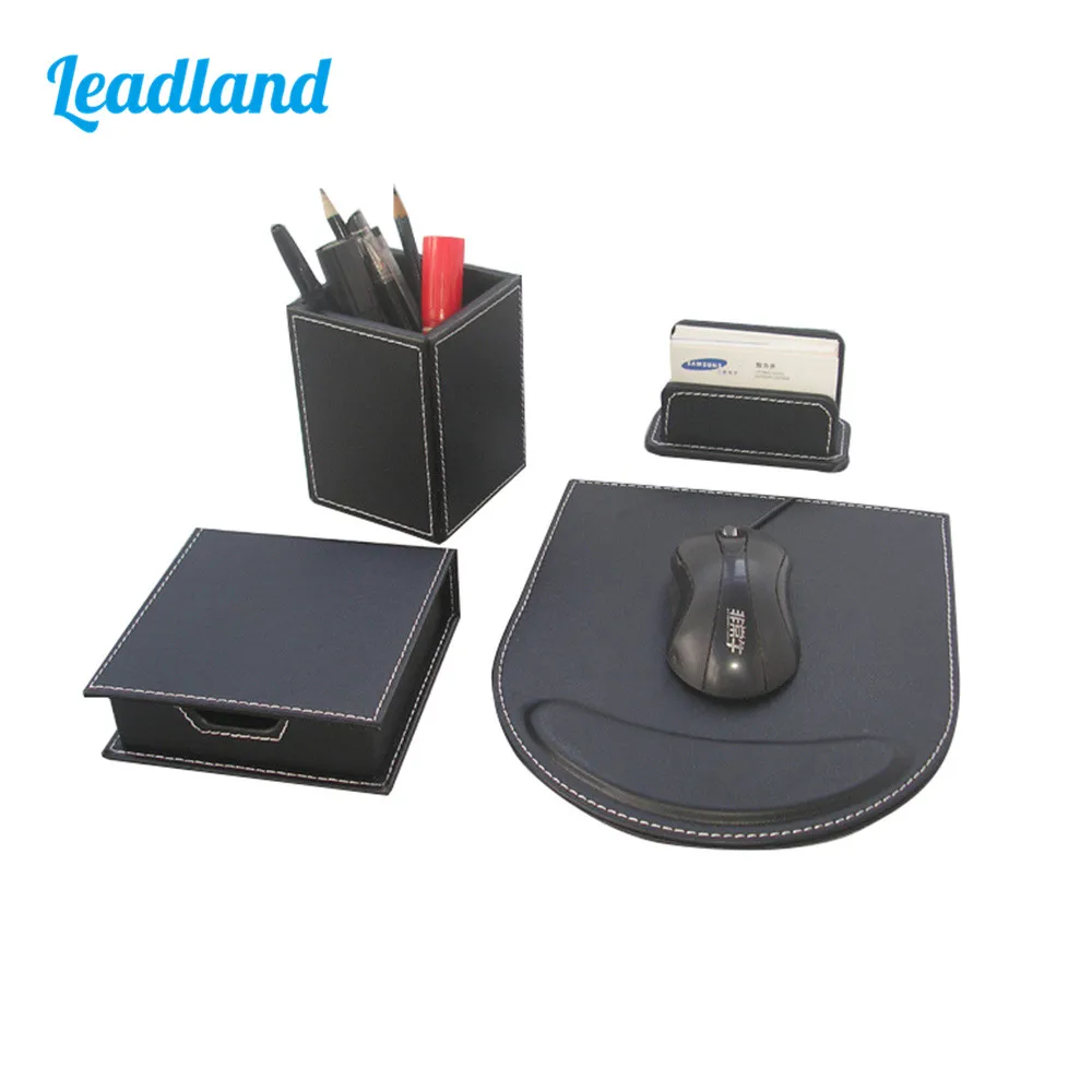 Elegant 4Pcs Office Desktop Organizer Supplies Wooden Structure Black Leather Cover Pencil Case Card Holder Note Holder T95H reisenthel case 2 structure