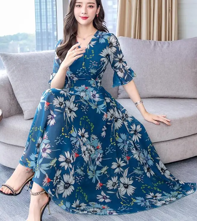 

2019 Autumn Winter New Arrival Plus Size M-3XL Long Sleeve Elegant Round Collar Flower Printed Woman Long Dress