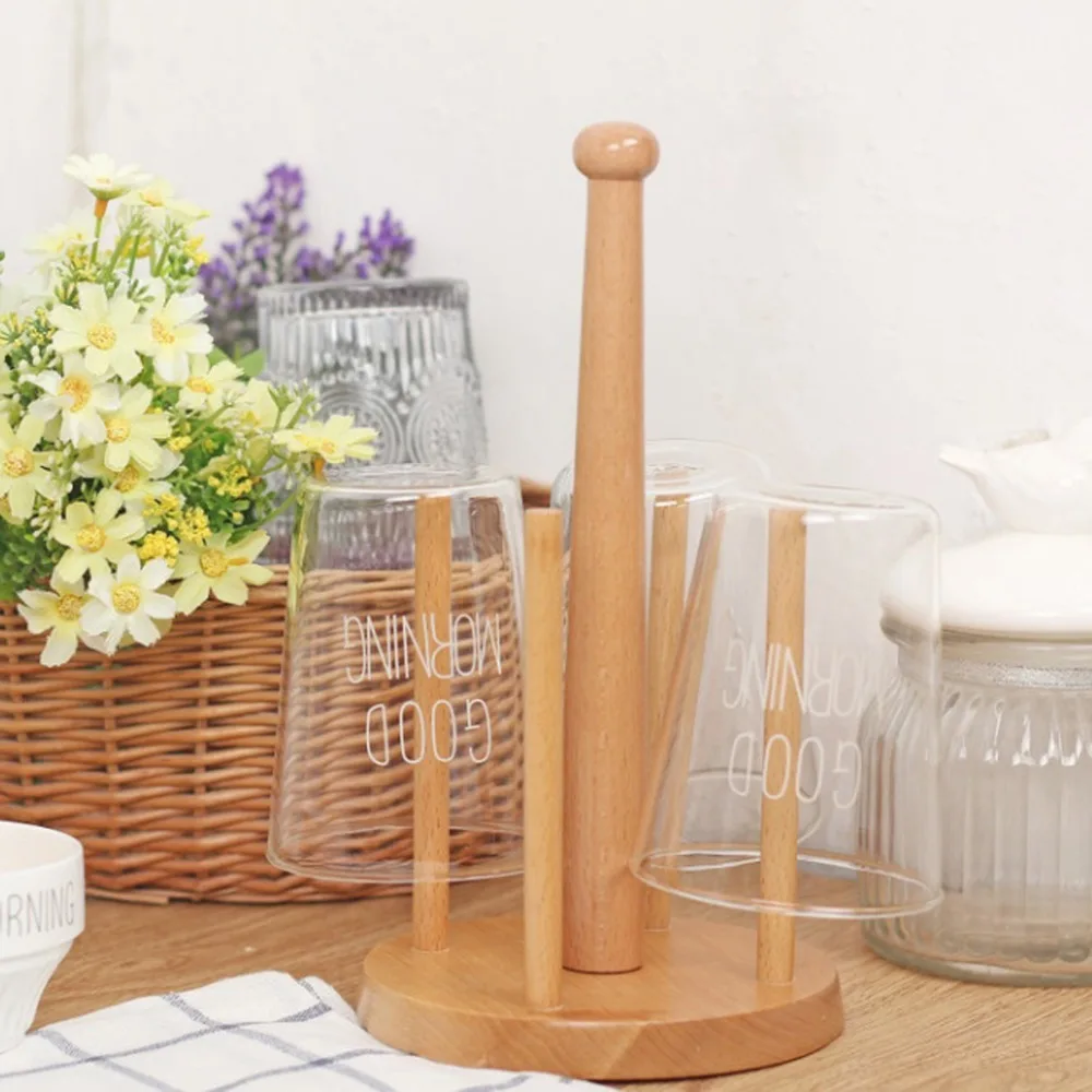 1 Pcs Nordic style beech wood draining standing cup holders Hanging 5 Cups Kitchen Tableware