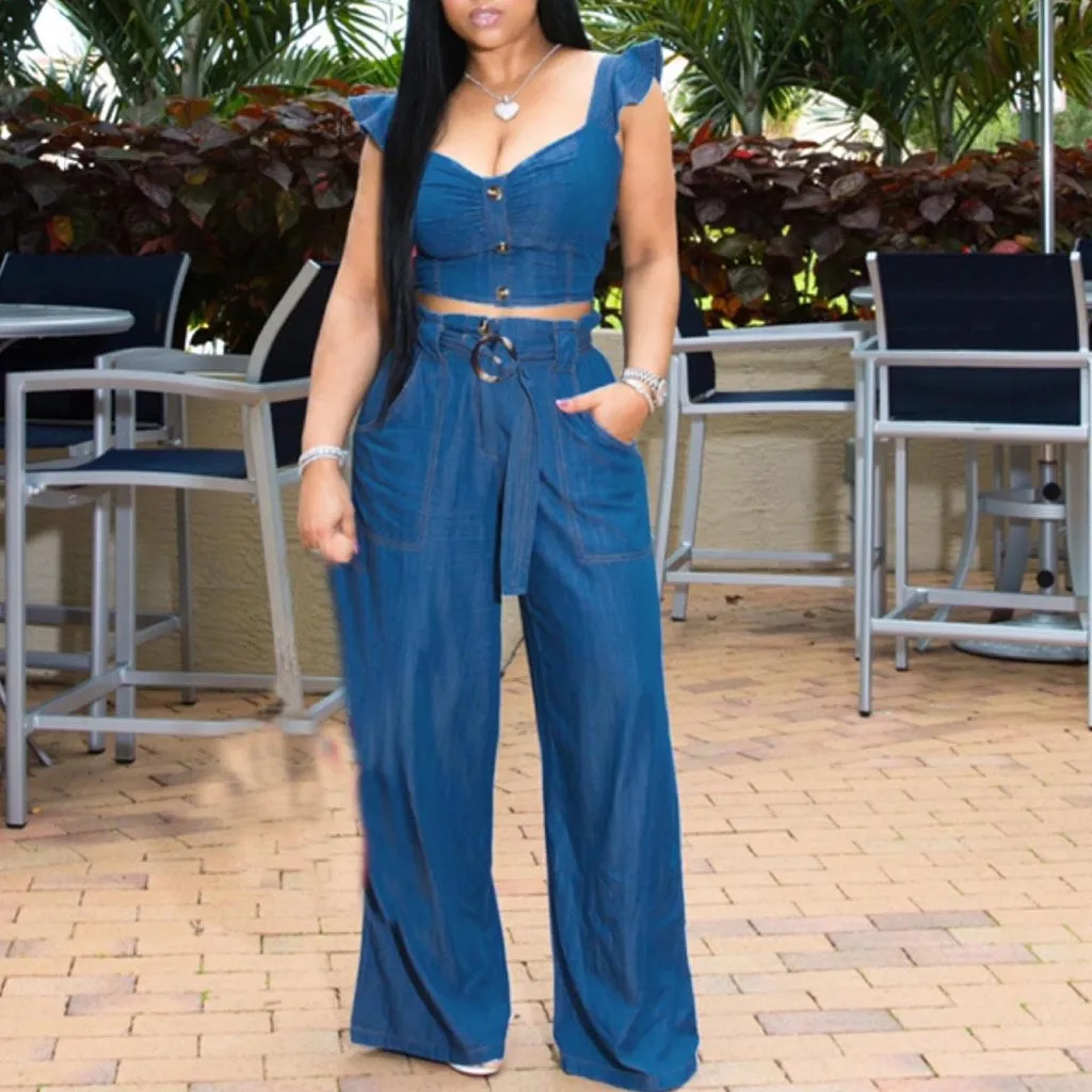 

Two-piece Denim Sets Women Sexy Blue Ruffles Crop Camis And Wide Legs Pants Sets Summer Sexy Tops And Casual Pants For Women