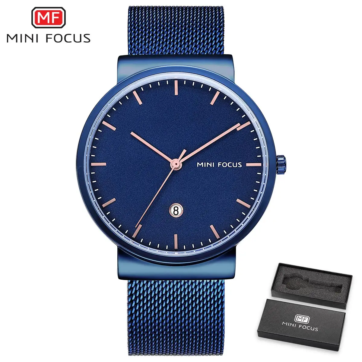 

MINIFOCUS Mens Watches Top Brand Luxury Quartz Clock Blue Mesh Strap Ultra Thin Design Waterproof Minimalist Date Wrist Watches