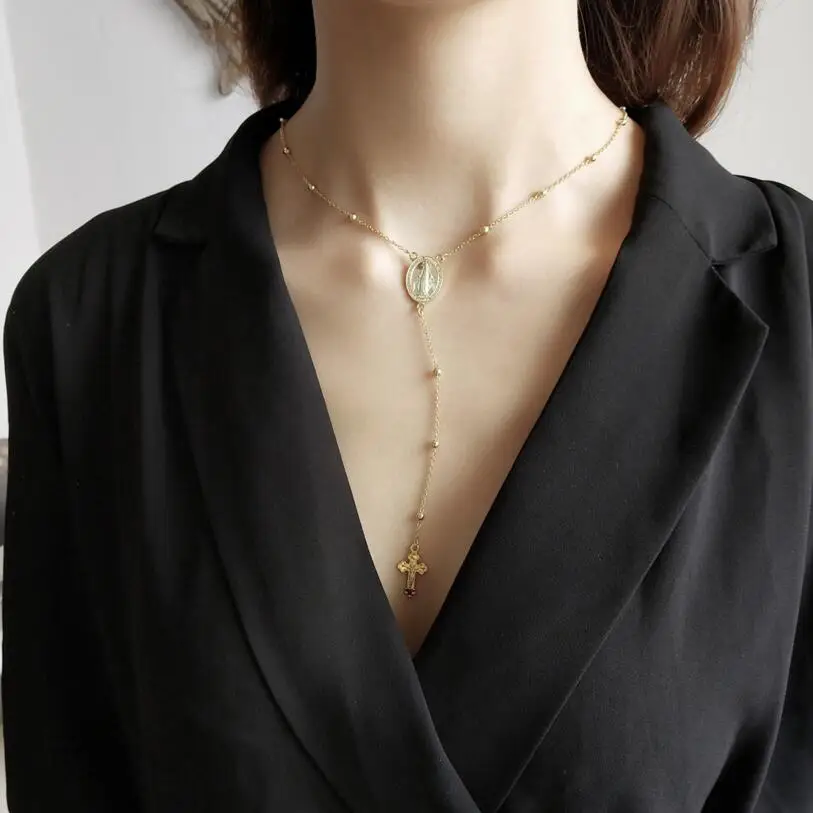 

925 Sterling Silver Bead Chain Oval Religion Holy Mother Maria Cross Pendant Necklace Gold Long Necklace Women Fine Jewelry