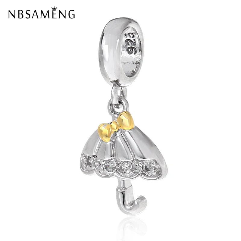 

Original 100% 925 Sterling Silver Charm Golden Bow Umbrella Pendant Charms Crystal Beads Fit Pandora Bracelets Women DIY Jewelry
