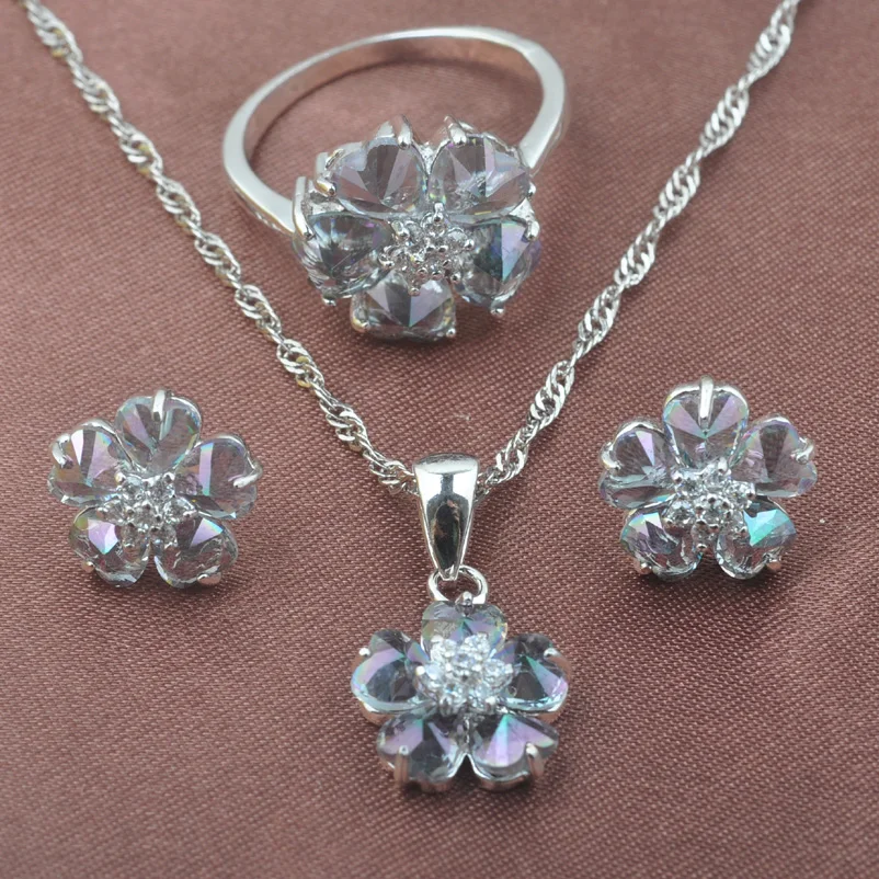 

New Flower Multicolor Rainbow Zirconia Women's 925 Sterling Silver Jewelry Sets Necklace Pendant Earrings Ring TZ0538