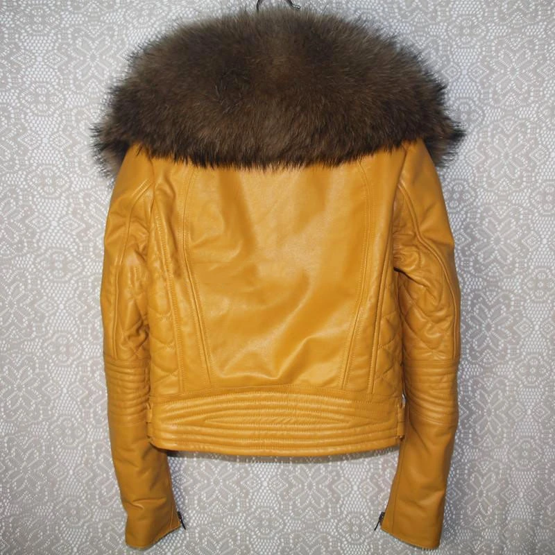 Натуральная женская куртка из овечьей кожи Натуральная Овечья кожаная куртка с воротником из меха енота на молнии пальто высокого качества