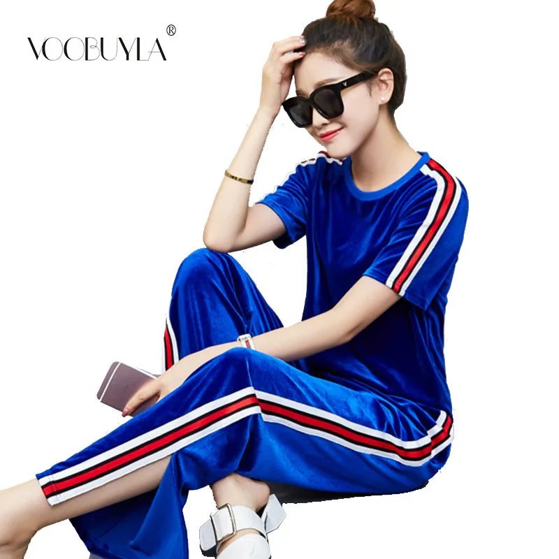 

Voobuyla Summer Tracksuit Sportwear Velvet Striped Pant Suits Two Piece Set Women Tops And Track Suit Split Wide Leg Pants M-3XL