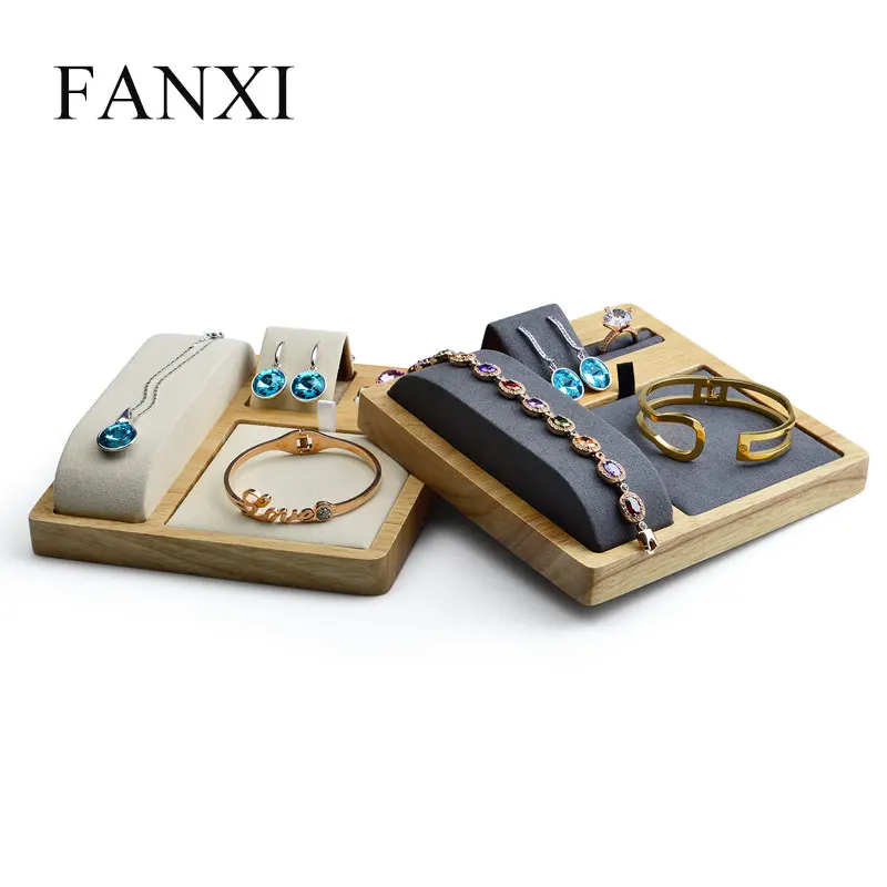 

FANXI Solid Wood Jewelry Display Stand with Microfiber Multipurpose for Ring Earrings Necklace Bracelet Display Holder Showcase