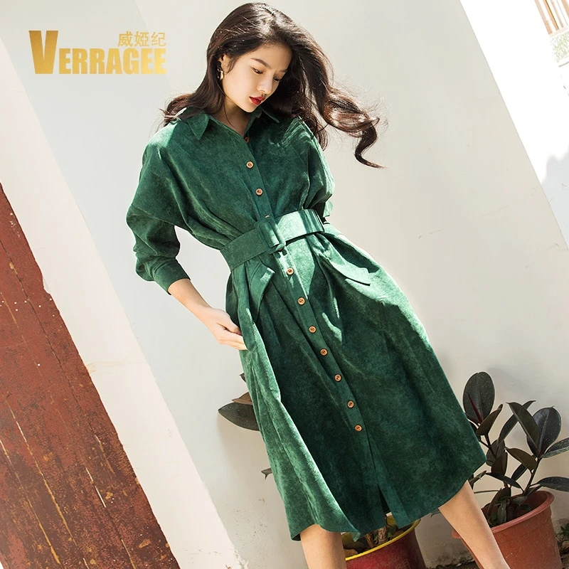 VERRAGEE Autumn Winter Long Shirt Dress Women 2018 Long Sleeve Green Blue Color Vintage Dress Pocket with Belt Vestido VERRAGEE Autumn Winter Long Shirt Dress Women 2018 Long Sleeve Green Blue Color Vintage Dress Pocket with Belt Vestido