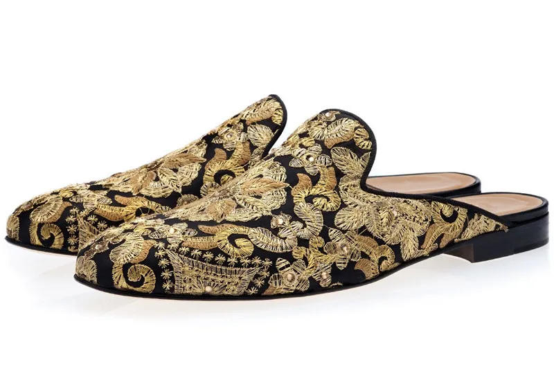 Qianruiti Men Golden Hand Embroidered Canvas Shoes Slip on Mules with