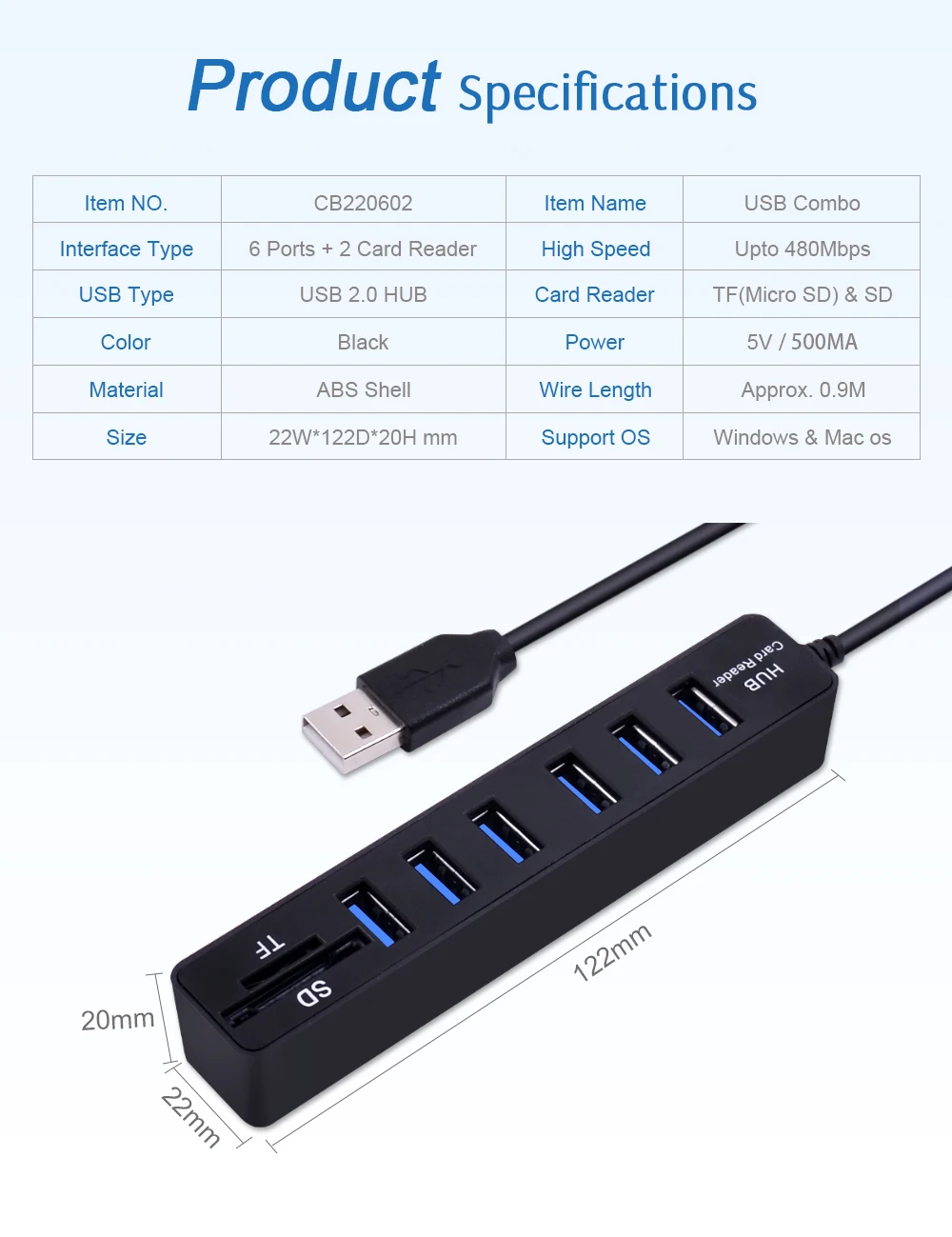 CHIPAL Mini 2 в 1 комбо 3 порта USB 2,0 концентратор 6 портов USB2.0 разветвитель+ кардридер для SD TF Micro SD для ПК компьютера