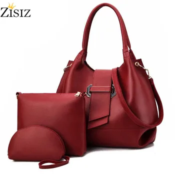 

2019 fashion Luxury PU Flap Messenger Bag Handbag Purse 3Pcs/Set Solid Leather Portable Casual Tote Women Top-Handle Bags Sac