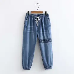 Большие размеры свободные джинсовые женские с эластичной талией брюки-карго 2019 новые весенние до щиколотки Джинсы женские мягкие брюки с
