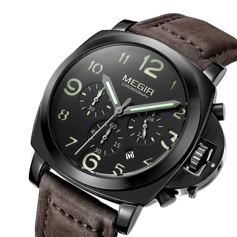 Goede MEGIR Chronograaf Lichtgevende Heren Horloges Topmerk Luxe Waterdichte heren Sport Quartz Horloge Lederen Horloges 2016