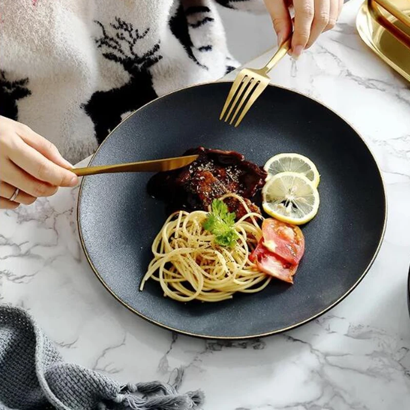 Cena Złota krawędź matowy czarny ceramiczny talerz akcentujący płytki talerz mydelniczka zastawa stołowa zestaw obiadowy