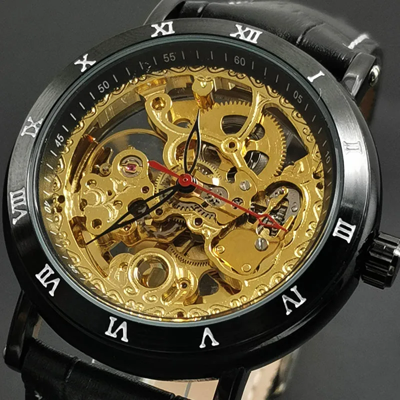 

Leather Band Roman Numerals Hand-Wind Mechanical Watches Sports Army Wristwatch Automatic Skeleton Watch