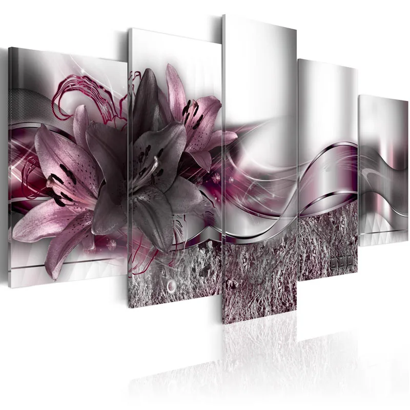 5 шт. Печатный изысканный фон фиолетовые цветы лилии картина холст печать комнаты Декор печать картина в рамке PJMT-(12