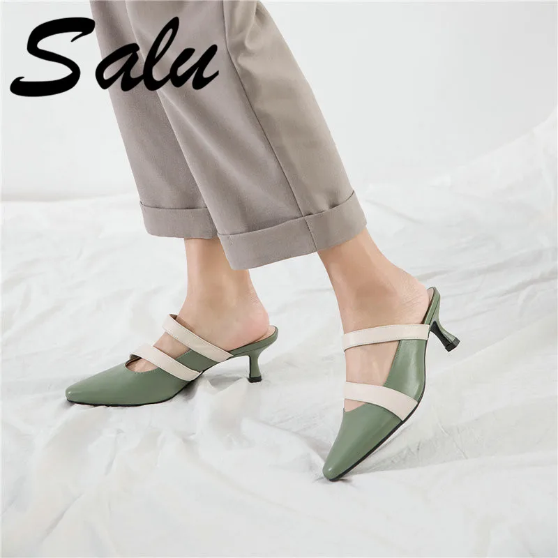 

Salu Women Sandals Cow Leather Pointed Toe High Heel Slingback Anti-skid Concise Ladies Shallow Wedding Sandals Size 34-40