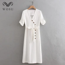 

WOSU Women Fashion Half Sleeve Mid-Calf Long Dresses Empire V-Neck Solid Color Button Dresses BB222