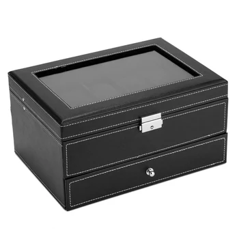 

10 Slots Watch Box Mens Watch Organizer Lockable Jewelry Display Case with Real Glass Top Faux Leather Black