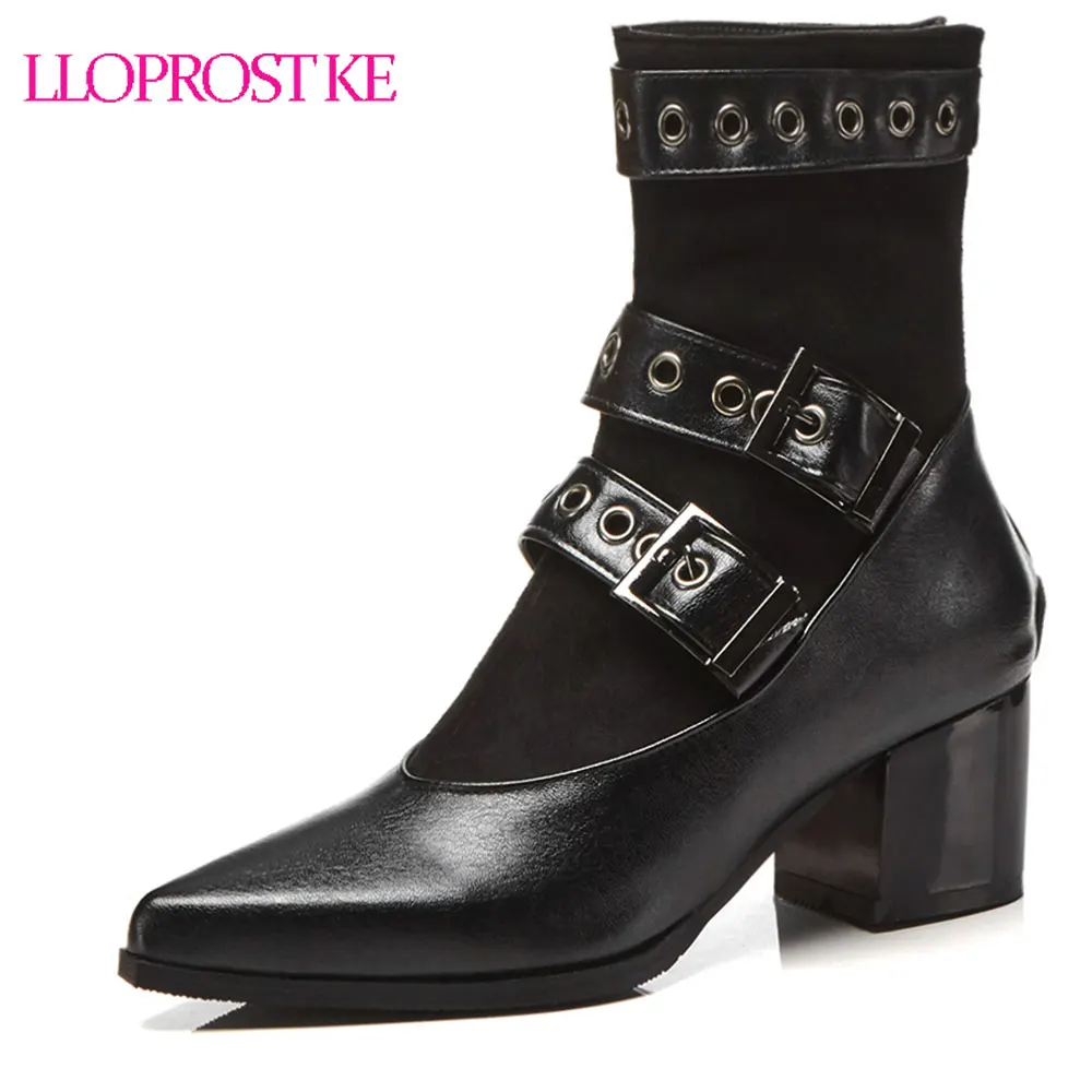 

Lloprost ke punk boots women three buckle belt motorcycle ankle boots women thick high heels metal button chelsea boots D499