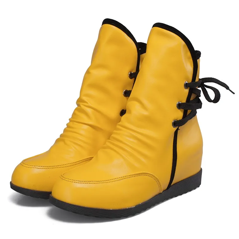 Оригинальные Модные женские ботильоны; популярные ботинки на танкетке с круглым носком; цвет черный, белый, желтый, красный; женская обувь; американские размеры 4-10,5