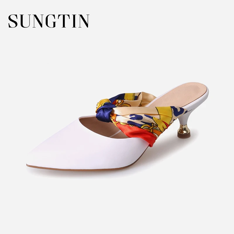 

Sungtin New Design Cow Leather Mules Shoes Women Sexy Pointed Toe Runway Party High Heels Summer Slides Slip-On Slippers