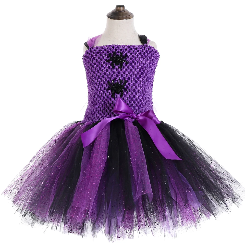 Sparkly Spider Girls Tutu Dress Black Purple Witch Halloween Costume