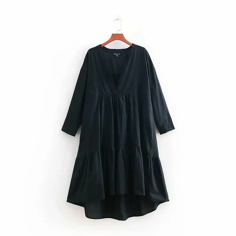 

new summer women v neck solid color pleats black dress femme pockets shirtdress vestidos casual loose chic party dresses