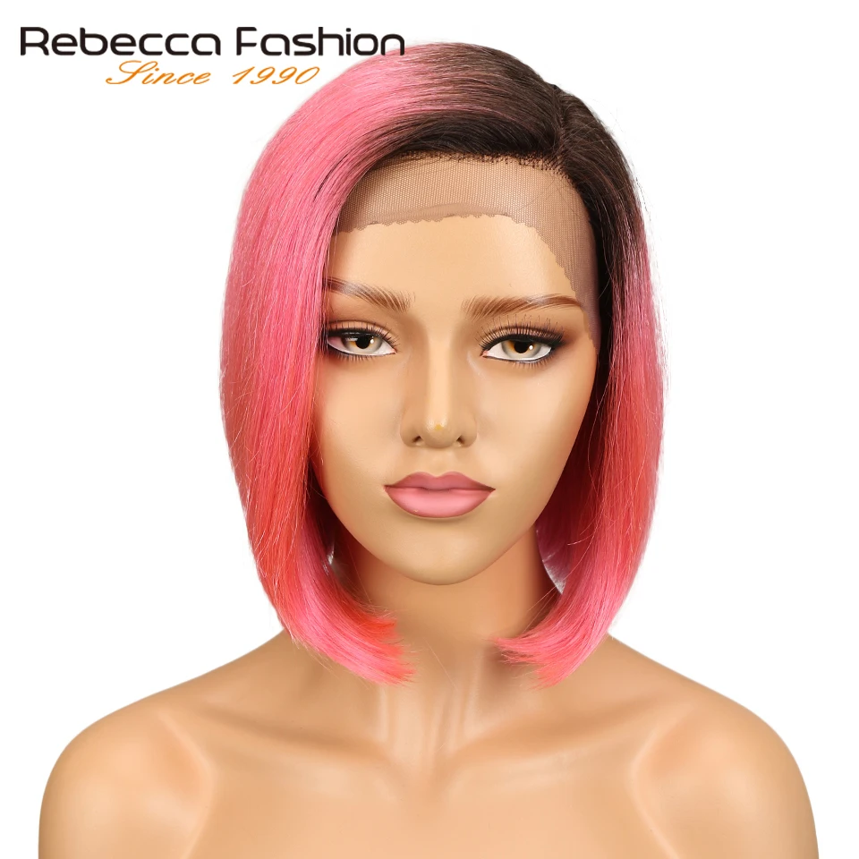 

Rebecca Left Part Lace Front Wigs For Women Brazilian Silky Straight Short Bob Ombre Pink Brick Red Color Virgin Hair Wig