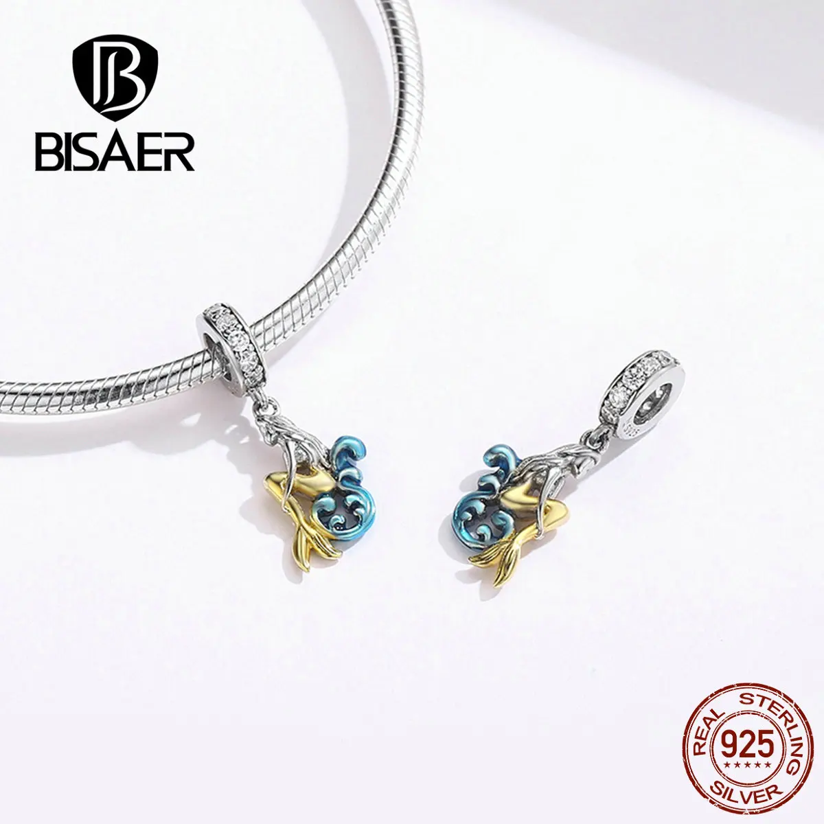 

BISAER Blue Tail Sterling Silver 925 Beautiful Gold Mermaid Pendants Fit PAN Bracelet Necklace Fine Jewelry For Women HSC1166