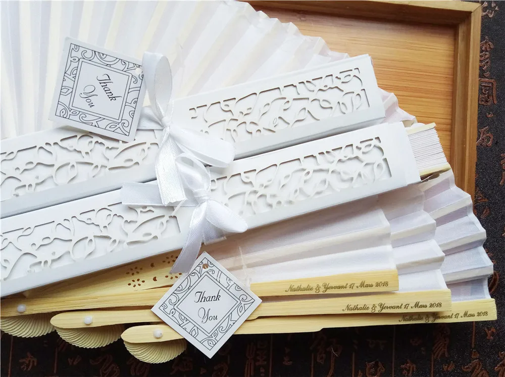 30 pcs/lot Personalized Luxurious Silk Fold hand Fan in Elegant Laser-Cut Gift Box+Party Favors/wedding Gifts+printing