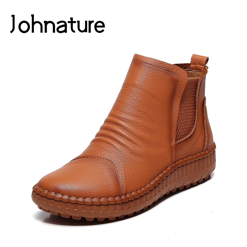 

Johnature Genuine Leather Ankle Platform Boots Zipper Round Toe Flat With 2020 New Autumn Winter Sewing Handmade Women Shoes