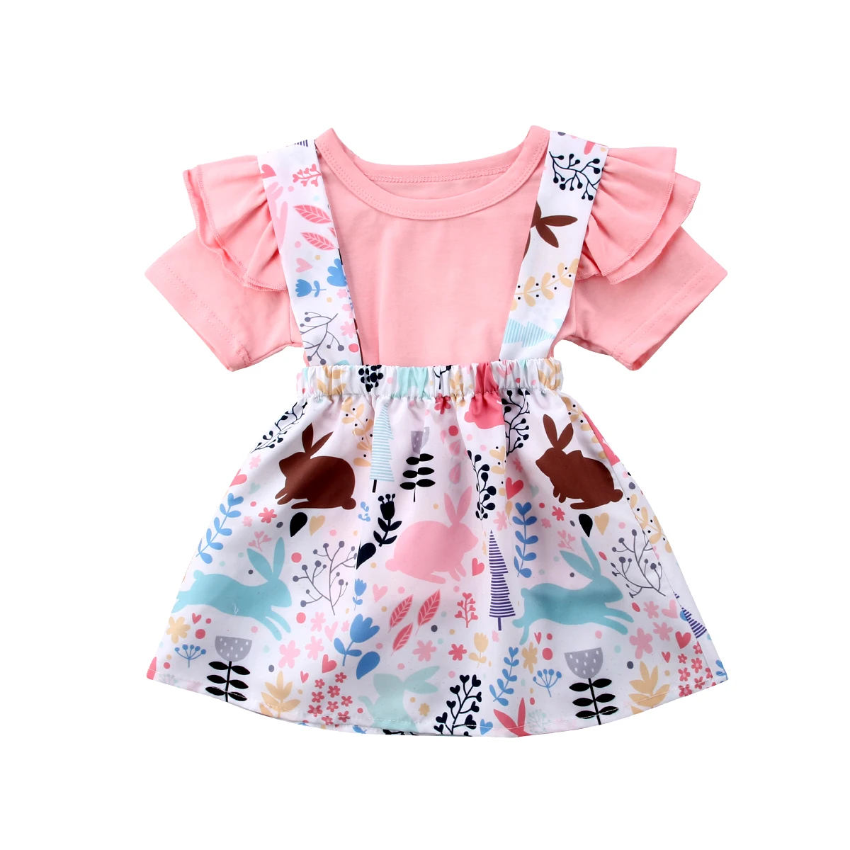 

Toddler Baby Girl Short Sleeve Rabbit Tops+Animal Print Strap Bunny Tutu Dress Outfits Set