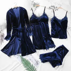 Gold Velvet 4 Peices Warm Pajamas Women Sexy Lace Robe Pajamas Winter Sleepwear Sleeveless Nightwear Gold Velvet 4 Peices Warm Pajamas Women Sexy Lace Robe Pajamas Winter Sleepwear Sleeveless Nightwear
