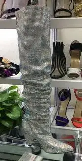 Picture embelli Pointu De Chaussons Bottes Talons Cuir as Slouch Couvert Cône Diamants Luxe As En Picture Cristal Bout Femmes Genou Bling Niki Botas 6mYybf7gvI