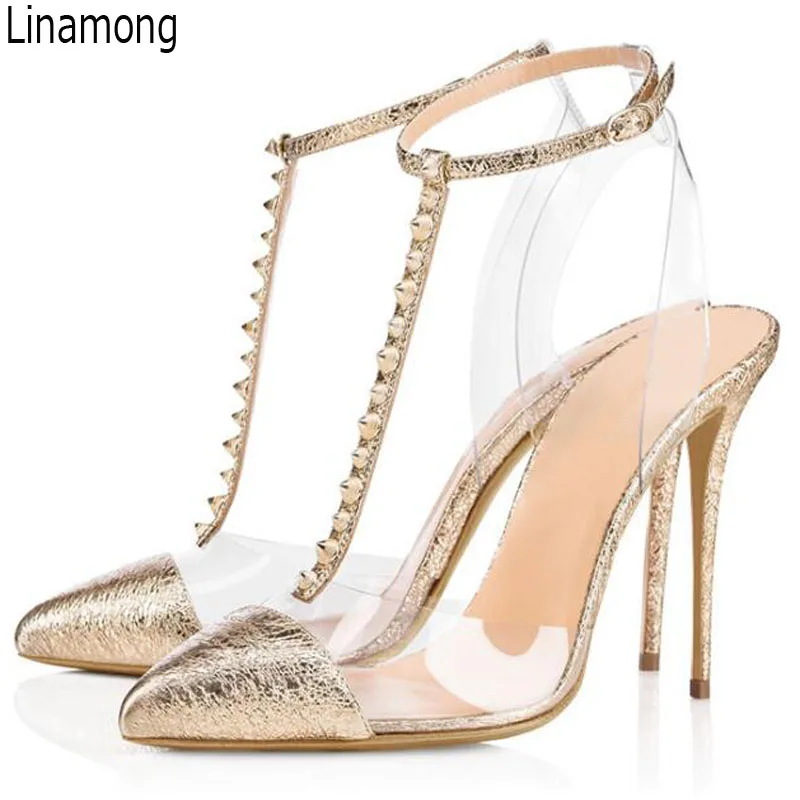 

Sexy Summer Woman Patchwork Toe PVC Pumps Rivets Studs T-Strap Patent Leather Transparent Stiletto High Heel Party Shoes