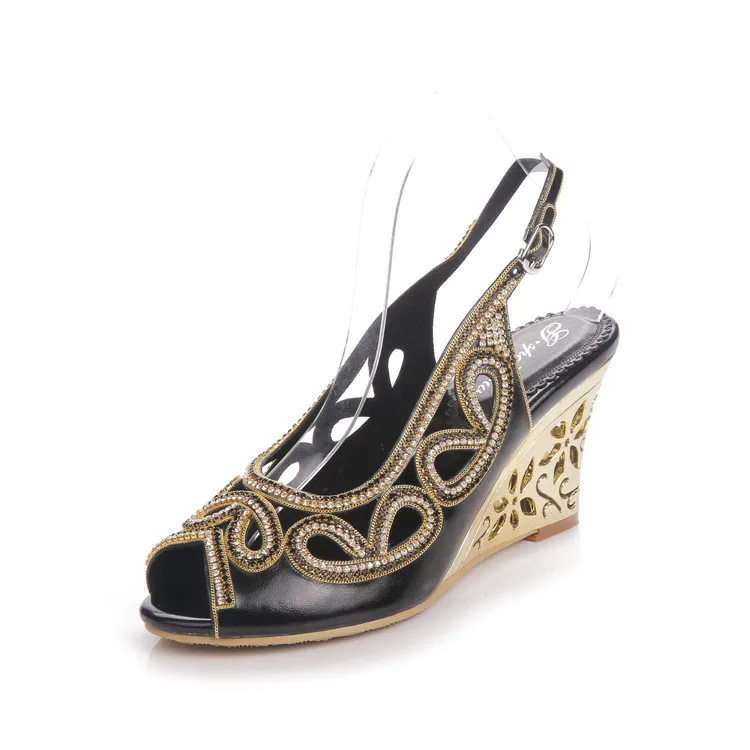 2017 Summer New Diamond Fashion Womens Black Peep Toe Wedges Bridal Sandals Wedding Shoes High Heels Cause Footwear-8