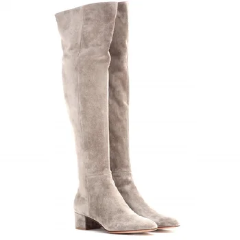 

2019 New Winter Cow Suede Basic Zip Long Boot Causal Round Toe Square Heels Short Plush Women Over The Knee Boots ZY170908