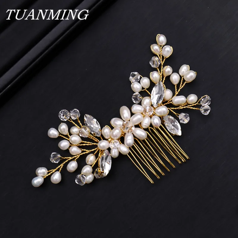 

Golden Bride Hair Combs Pearl Flower Crystal Hair Ornaments Wedding Hair Combs For Bride Ladies Fashion Jewelry For Hair