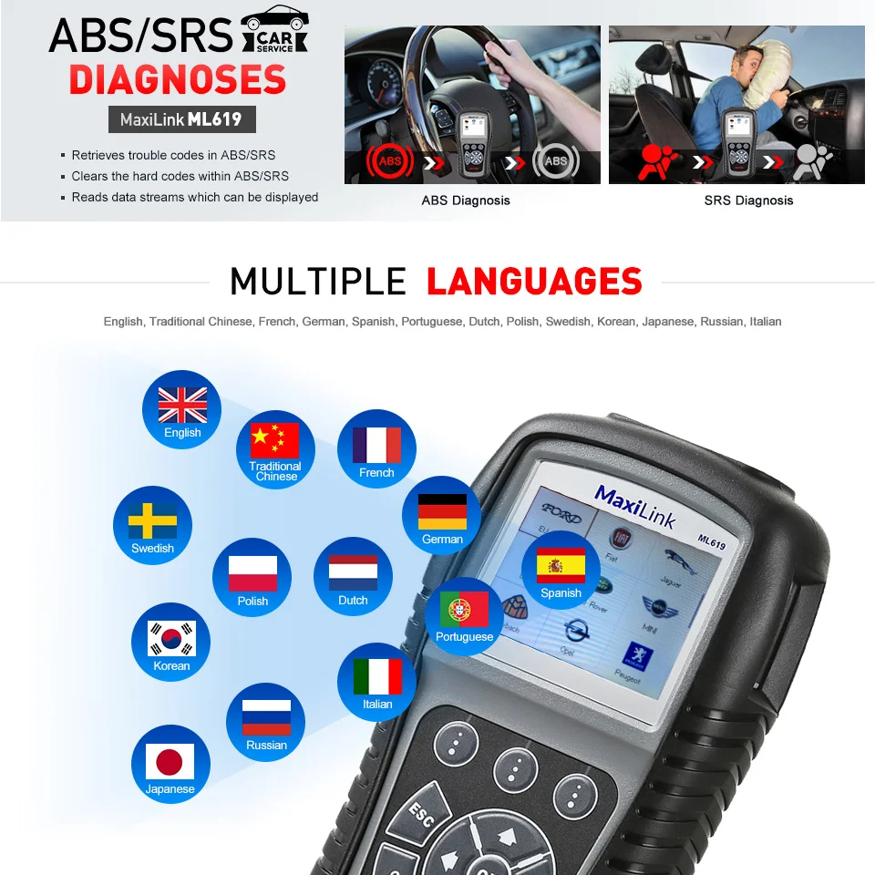 Autel MaxiLink ML619 CAN /OBD2 + ABS/SRS Scanner Turns off Engine Light (MIL) and ABS/SRS Warning Lights better than AL619