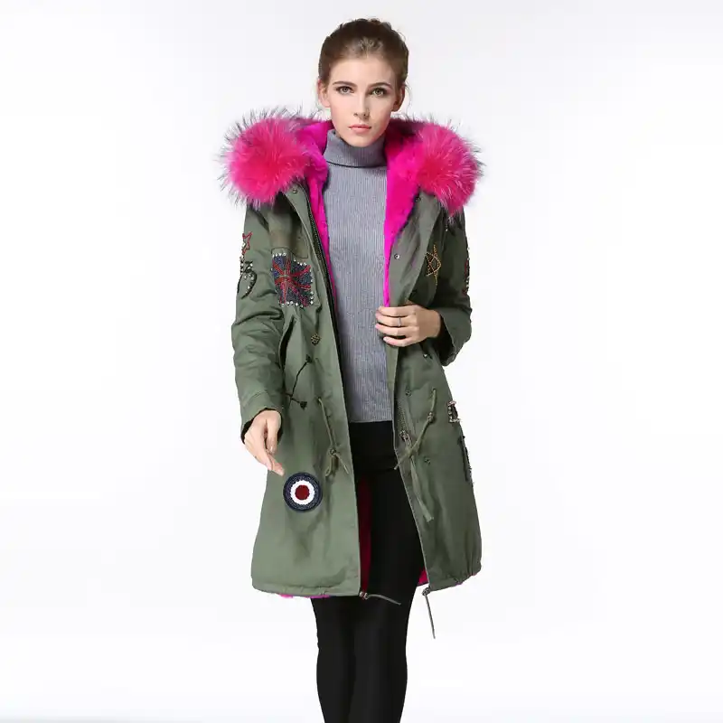 khaki green coat with pink fur hood
