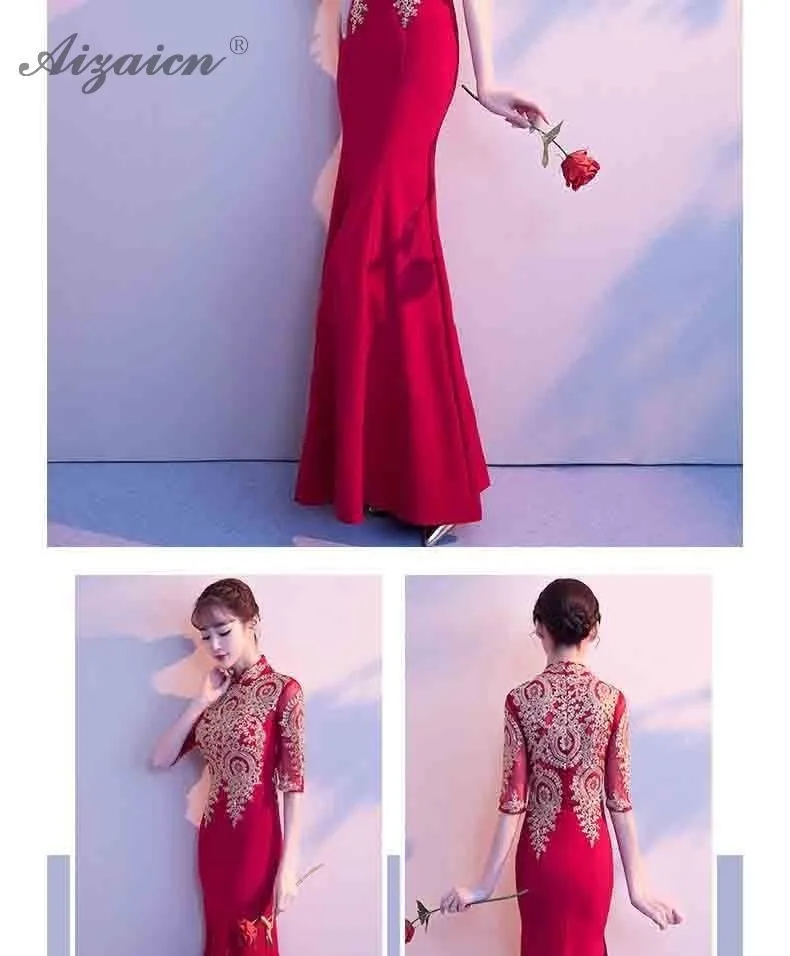 Encaje de Cheongsam larga восточные Платья de boda de las mujeres chino tradicional ropa Qipao Chinoise vestido de noche rojo