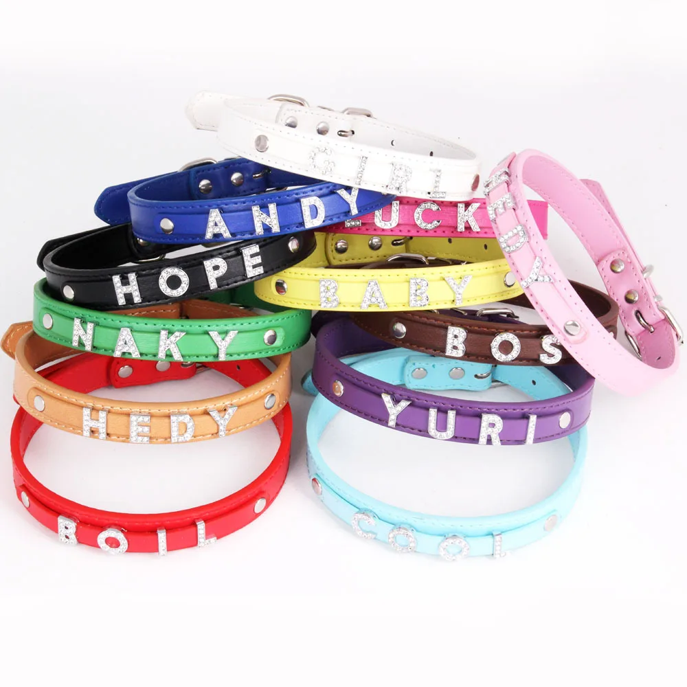 

DIY Shing Letters Colorful Adjustable PU Strap Custom Name Dog Collar For All Size Pet Dogs Collars Multiple Colors