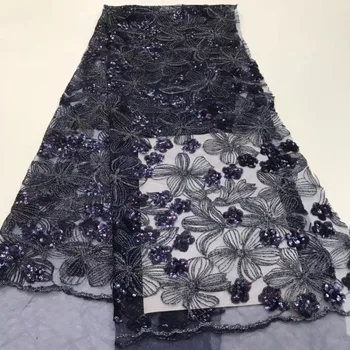 

African Lace Fabric 2019 French Sequins Net Lace Noble Gold Sequins Fabrics High Quality African Black Tulle Sequins Lace Fabric