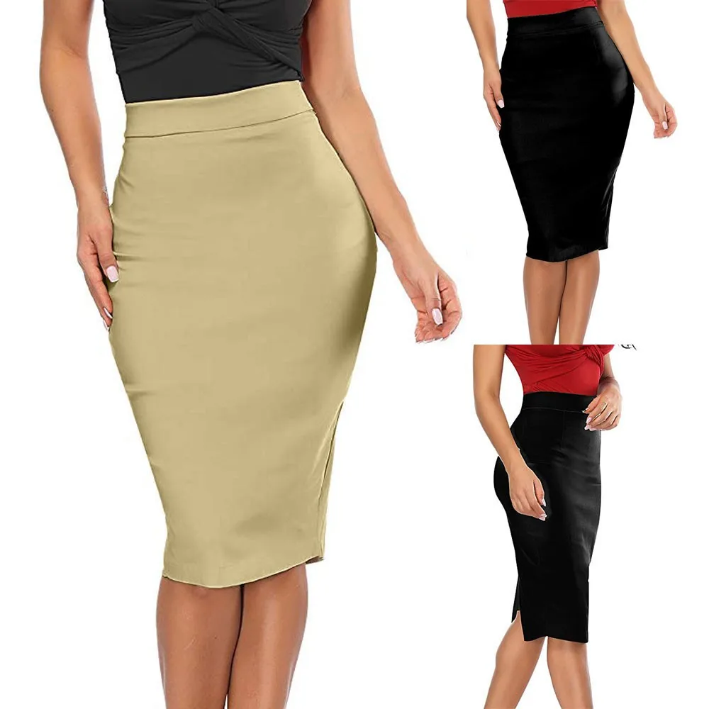 3XL бежевая Офисная Женская Однотонная юбка-карандаш средней длины с разрезом, простая приталенная облегающая юбка-юбка, рабочая одежда, современные женские юбки Jupe