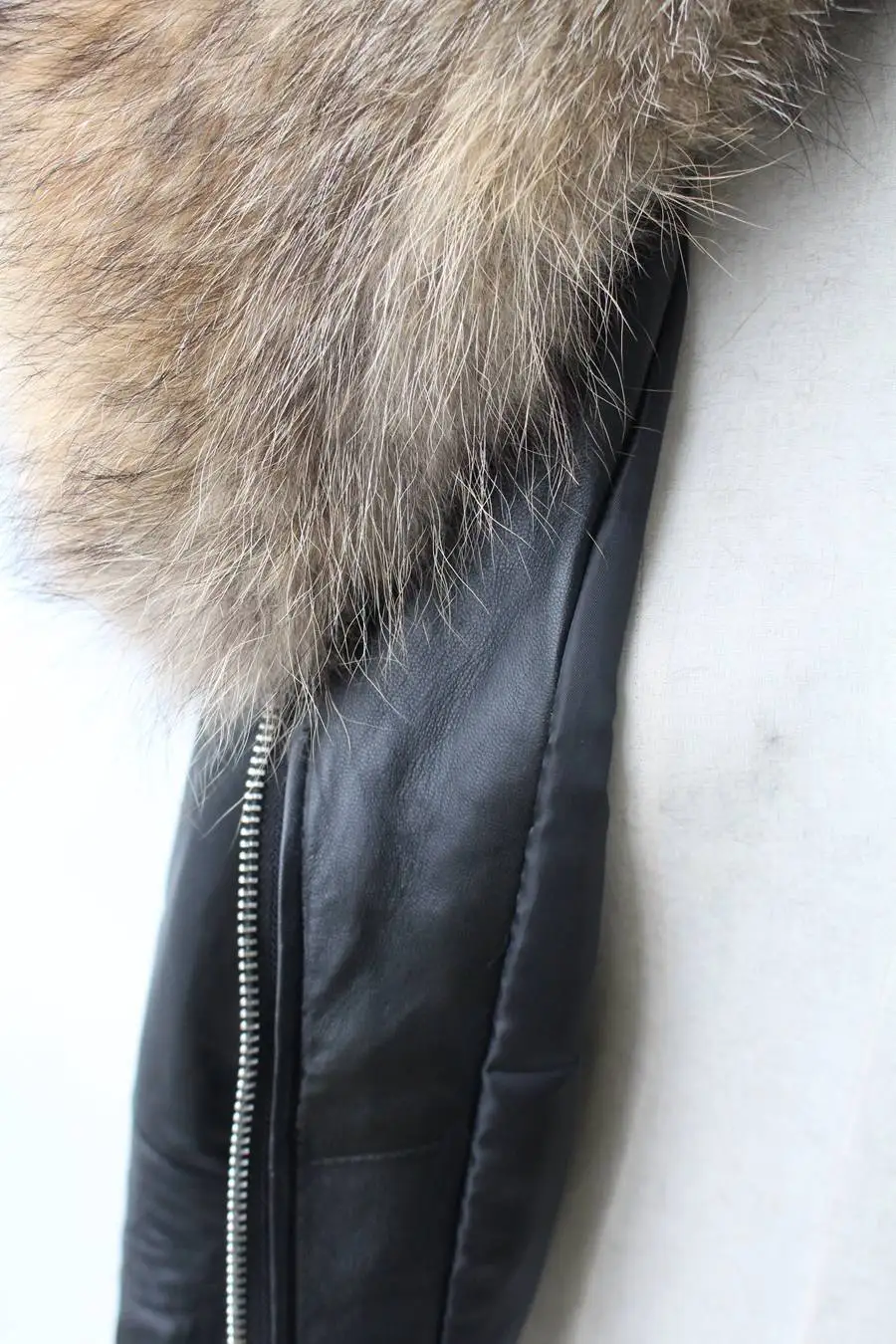 genuine sheepskin leather jacket with real big raccoon fur collar (9)