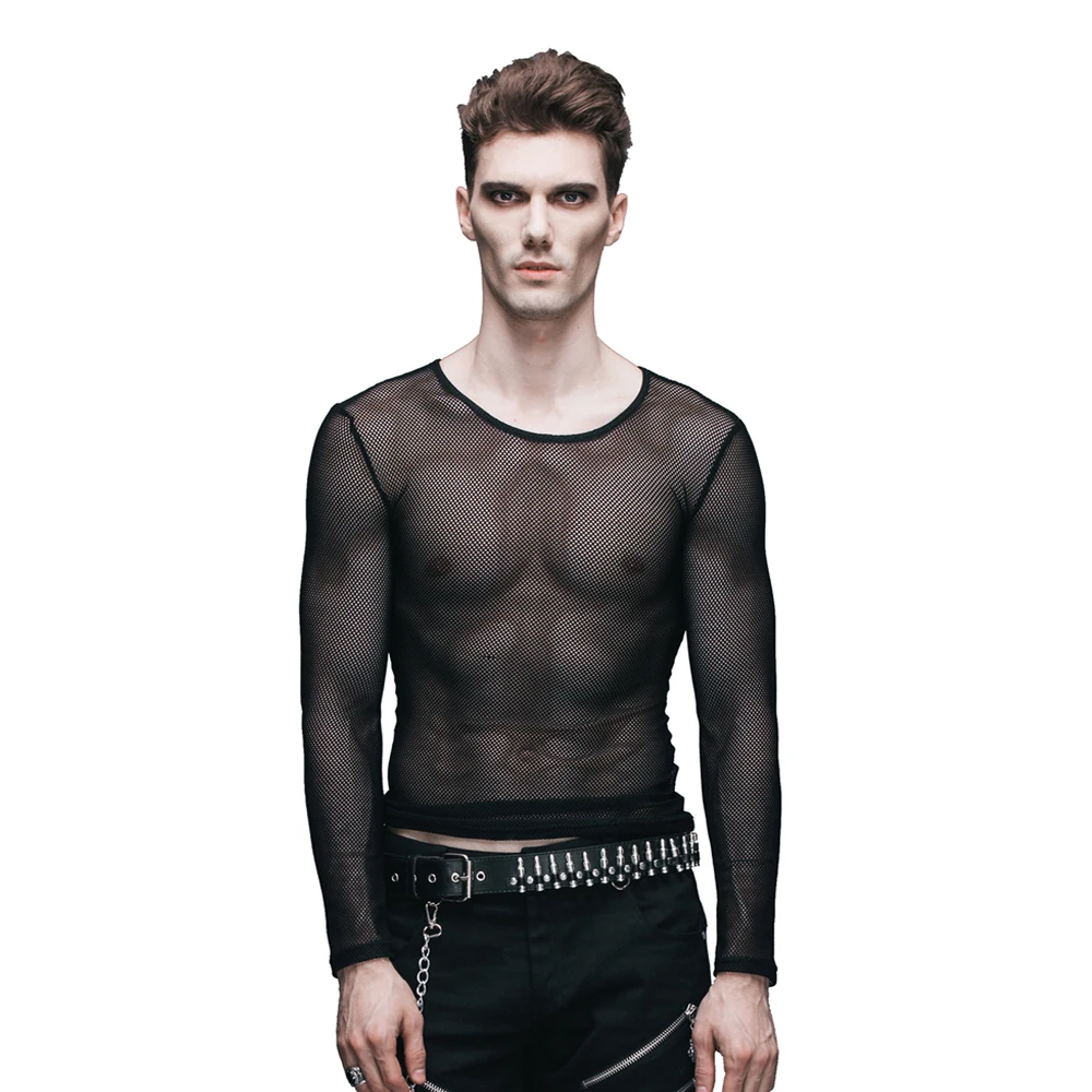 

2017 Devil Fashion Steampunk T Shirt Men Sexy See-through T-Shirt Gothic Black O-Neck Long Sleeve Stretch Mesh Tshirt Tee Tops