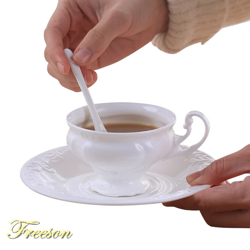 

Engraving Bone China Coffee Cup Saucer Spoon Set 180ml Brief Ceramic Teacup Concise White Top-grade Porcelain Tea Cup Drop Ship