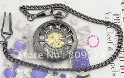 Оптовый покупатель FOB часы хорошее качество ретро старинные механические карманные часы дедушка дальше новый черный лепесток в форме цепи