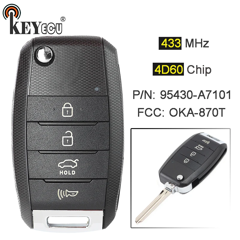 KEYECU 433 МГц 4D60 чип P/N: 95430 A7101 FCC: OKA 870T(YD TP) обновленная Складная 4 кнопочная флип карта